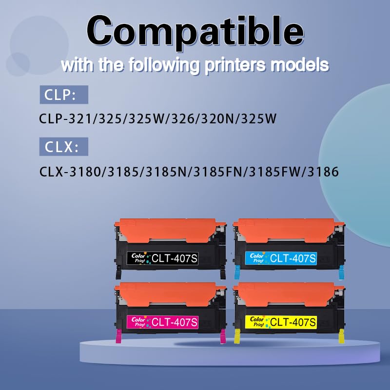 ColorPrint عبوة حبر بديلة متوافقة من ColorPrint 4 عبوات لطابعات Samsung CLP325 CLT407S CLT-407S 407S تعمل مع CLP-325 CLP-320 CLP-320N CLP 325W 326 CLX-3180 CLX-3185FW CLX-3185N CLX-3186 (BCMY) - Image 2